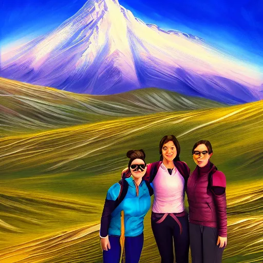 Prompt: of team in Armenia hiking at a weekend and posing with mountains on the background, the word Willow is in view like one in Hollywood, elegant, highly detailed, digital painting, volumetric light, artstation,, smooth, sharp focus, professional photos