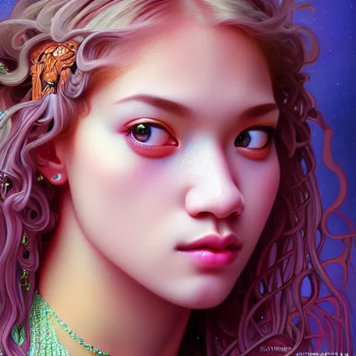 Image similar to portrait of jossi of blackpink, fractal goddess, highly detailed, digital painting, smooth, sharp focus, illustration, ultra realistic, 8 k, art by artgerm and alphonse mucha