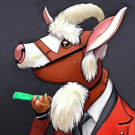 Prompt: award winning character art commission of an anthro furry humanoid goat smoking a cigar, three piece suit, character concept design, painting, detailed, vivid, trending on artstation