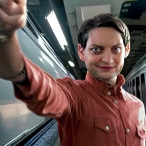 Prompt: photo of tobey maguire stopping a train