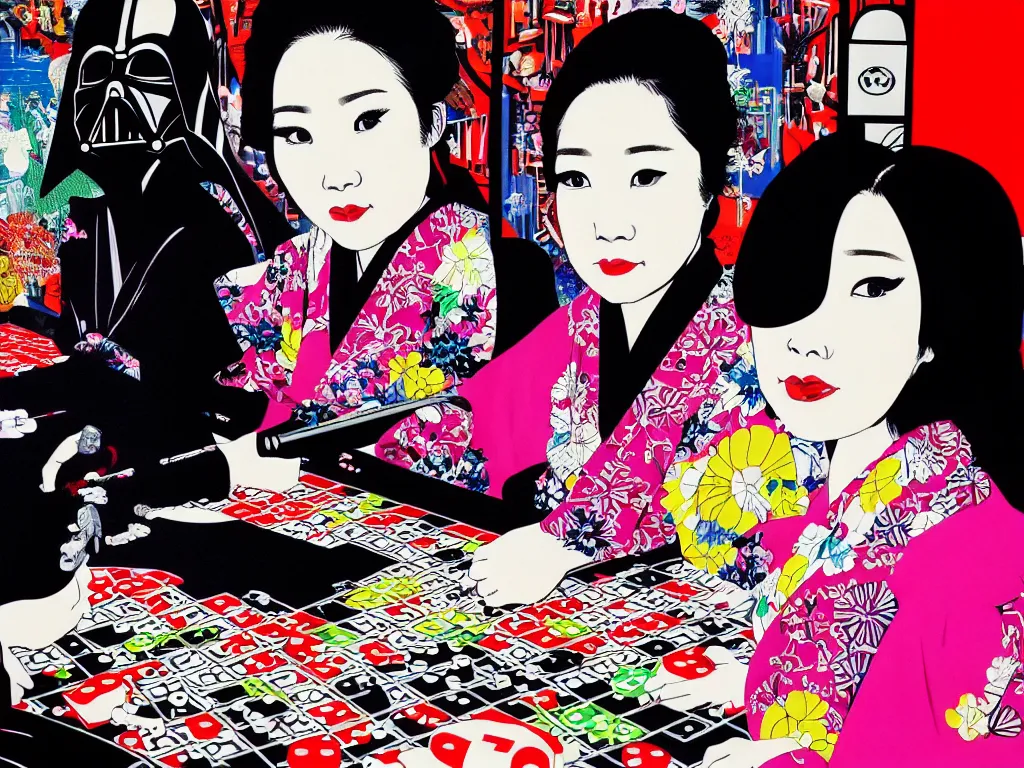 Image similar to hyperrealism composition of the detailed woman in a japanese kimono sitting at an extremely detailed poker table with darth vader, fireworks on the background, pop - art style, jacky tsai style, andy warhol style, acrylic on canvas