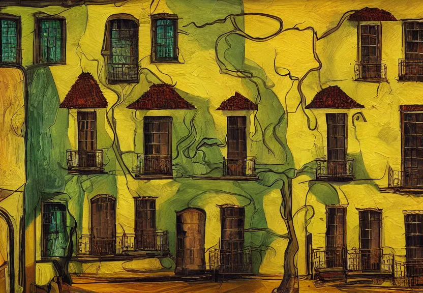 Prompt: a painting of a house in the style of dali backlit nighttime windows filled with water