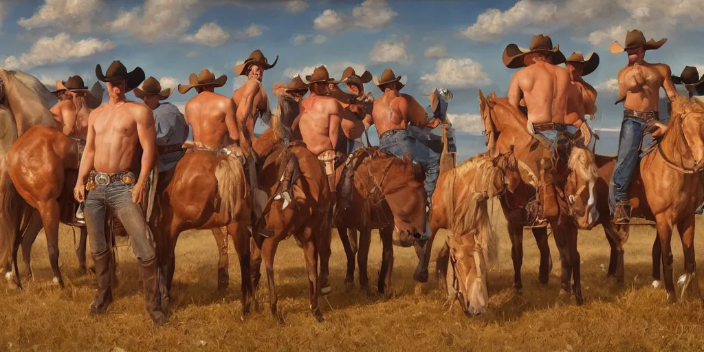 Prompt: a beautiful painting 18 hot hard buff cowboys!! in the showers at Ram Ranch, hyperrealistic, golden hour, by Mark Maggiori, by Frank Tenny Johnson, trending on artstation