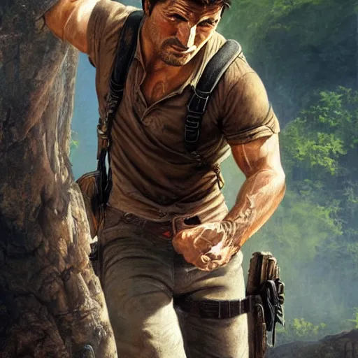 Image similar to ultra realistic portrait painting of nathan drake, art by frank frazetta, 4 k, ultra realistic, highly detailed, epic lighting