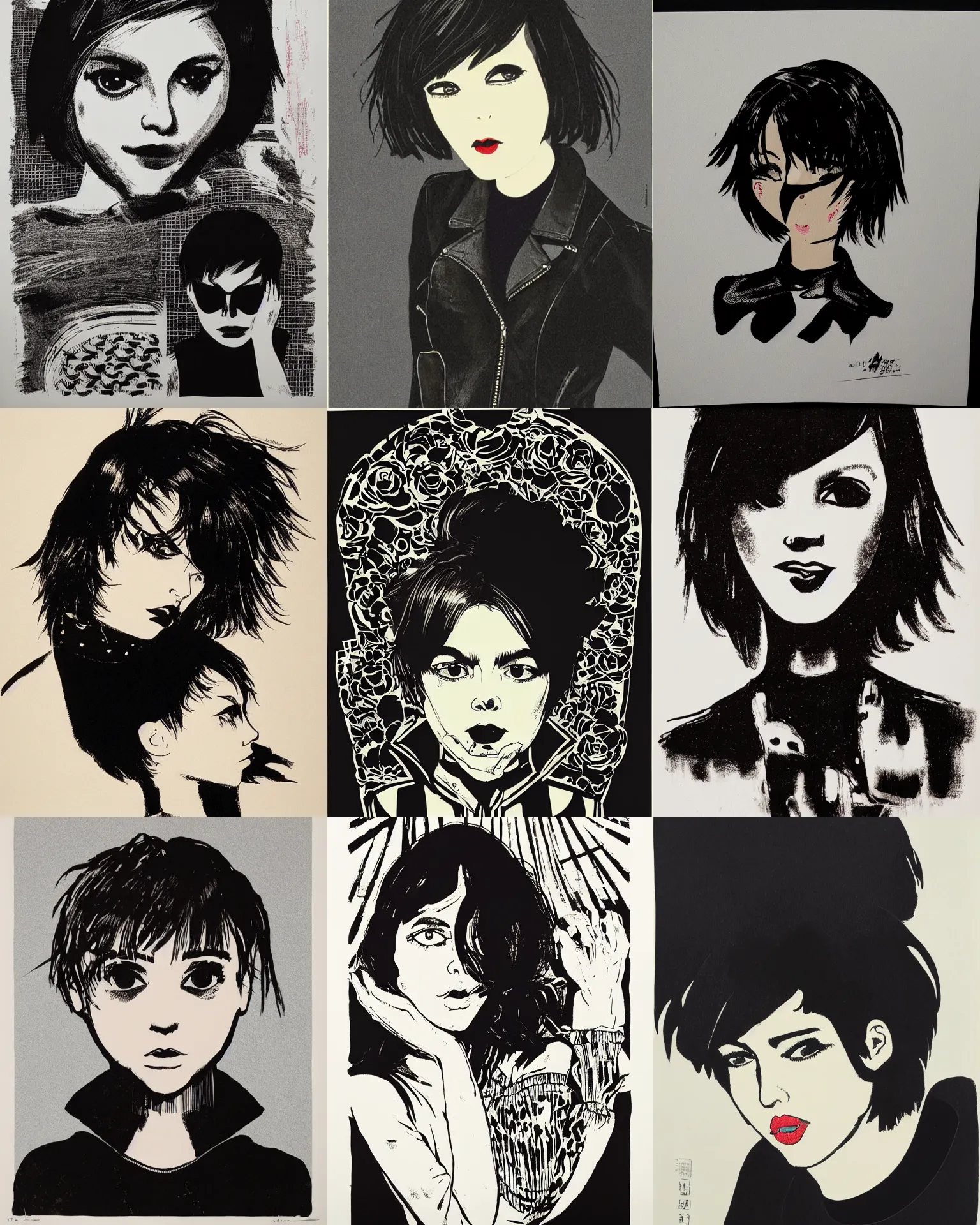 Prompt: A silkscreen print serigraph. Her hair is dark brown and cut into a short, messy pixie cut. She has a slightly rounded face, with a pointed chin, large eyes entirely filled-in with black ink!!!!!!, and a small nose. She is wearing a black leather jacket, a black knee-length skirt, a black choker, and black leather boots.