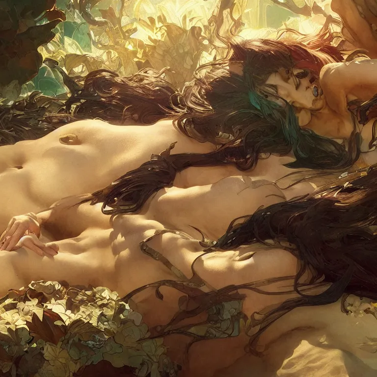 Image similar to A dragon sleeping on its glittering treasure hoard, digital painting, artstation, concept art, sharp focus, cinematic lighting, illustration, art by artgerm and greg rutkowski, alphonse mucha, cgsociety