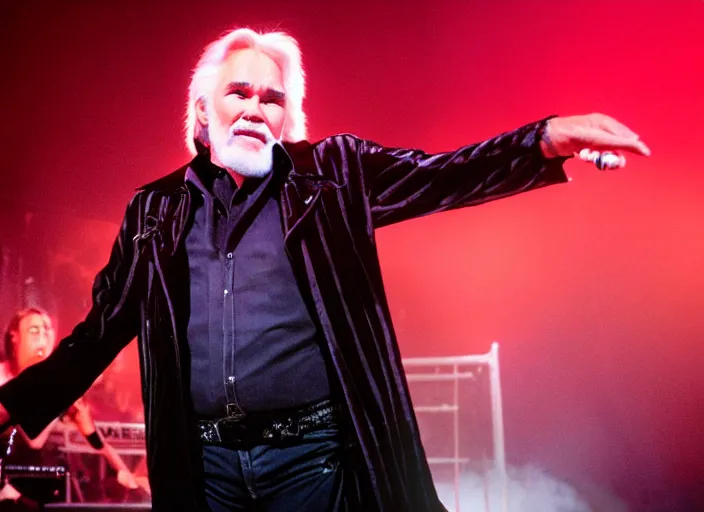 Image similar to publicity photo still of kenny rogers in cradle of filth playing live on stage, 8 k, live concert lighting, mid shot