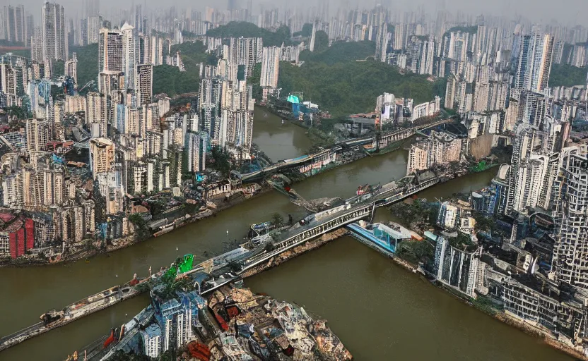 Image similar to a photo of wuhan covered in giant virus and disgusting maggots, slimy river, decrepit bridge, cinematic, 8 k, disturbing, horror, highly detailed