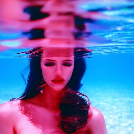 Image similar to beautiful portrait of fashion model in red silk underwater, 35mm film