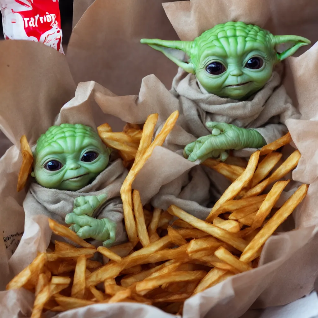 Prompt: baby yoda inside a bag of french fries