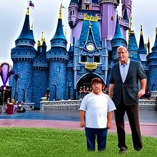 Image similar to a photo of walt disney and thanos standing together in front of the magic kingdom castle, photograph, realistic, 4K UHD, 16mm f/1.4