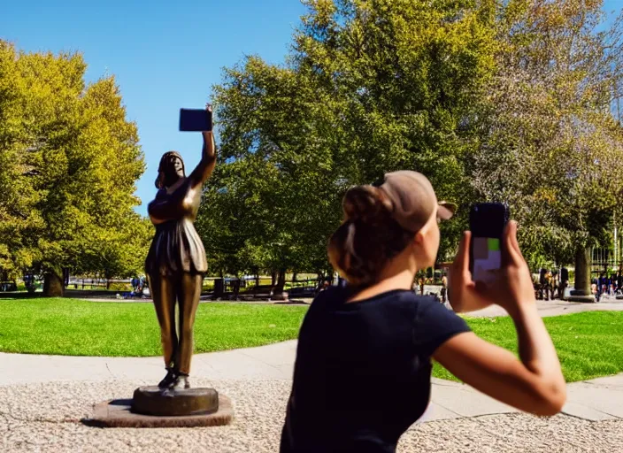 Image similar to photo still of a bronze statue of a woman using an iphone to take a selfie in a park on a bright sunny day, 8 k 8 5 mm f 1 6