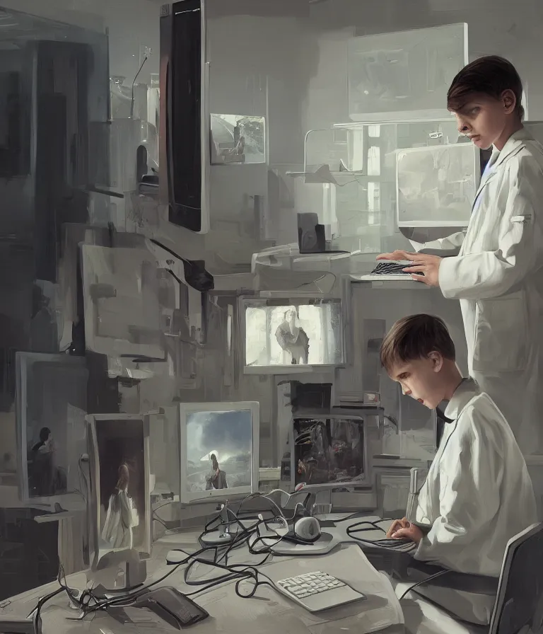 Image similar to a portrait of a smart child in a white coat in front of a computer and screens in a painting from stalenhag, 4 k, 8 k, hdr, artstation