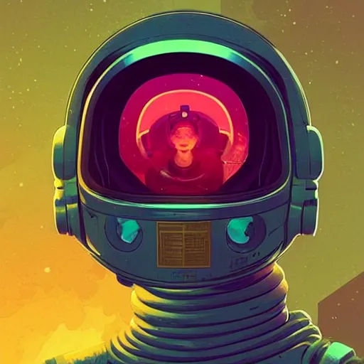 Image similar to portrait of a future cosmonaut with helmet having cybernetics and wirings, d & d, trending on artstation, art by rossdraws, petros afshar, tom whalen, laurie greasley and greg rutkowski and ilya kuvshinov, global illumination