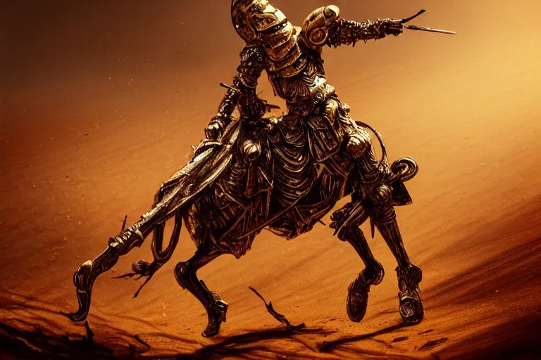 Prompt: the king in the desert dead on the ground, gold armour destroyed, killed, blood on gold sand, dark tragic scene, detailed scene, killed in war, fallen Crown, highly detailed, blood and dust, cinematic lighting, dramatic lighting, trending on artstation, elegant, intricate, tragedy, fantasy, D&D, highly detailed, digital painting, concept art