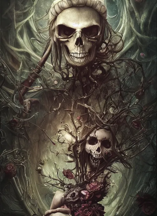 Prompt: Alice in Wonderland,death tarot card,half skull face,highly detailed,cinematic,8k,by Stanley Artgermm,Tom Bagshaw,Greg Rutkowski,Carne Griffiths, Ayami Kojima, Beksinski, Giger,Anne Stokes, Benjamin Lacombe,trending on DeviantArt,hyper detailed,horror, full of colour