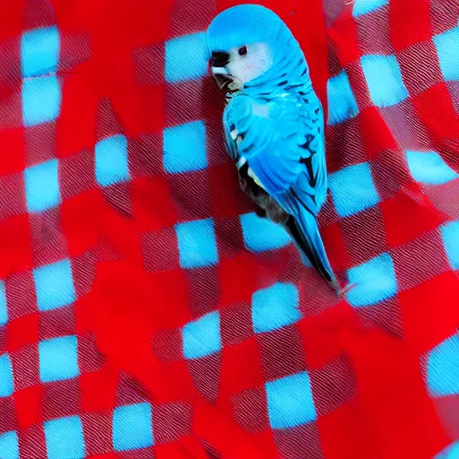 Prompt: Blue budgies wearing red and black checkered shirt, professional photography, studio lighting, 4k