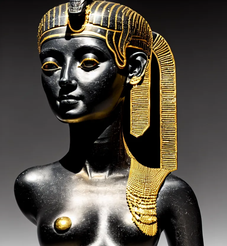 Image similar to a photo at the museum showing a black marble and gold full body sculpture of cleopatra. good quality, good light, anatomically correct, 8 k