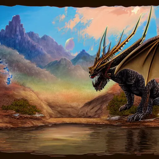 Image similar to a huge dragon stands in a desert drinking river water digital art