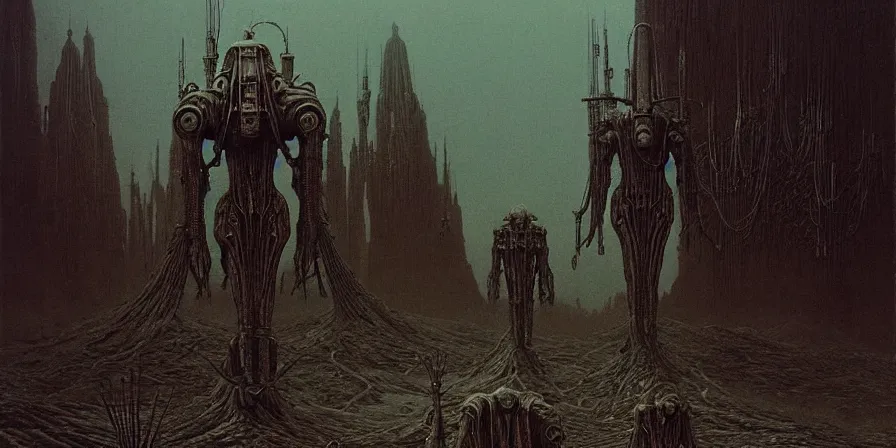 Prompt: Adeptus Mechanicus tech priest wandering mars, Zdzislaw Beksinski, Wayne Barlowe, H.R giger, gothic, biomorphic, amazing details, dystopian, surrealism, cold hue's, warm tone gradient background