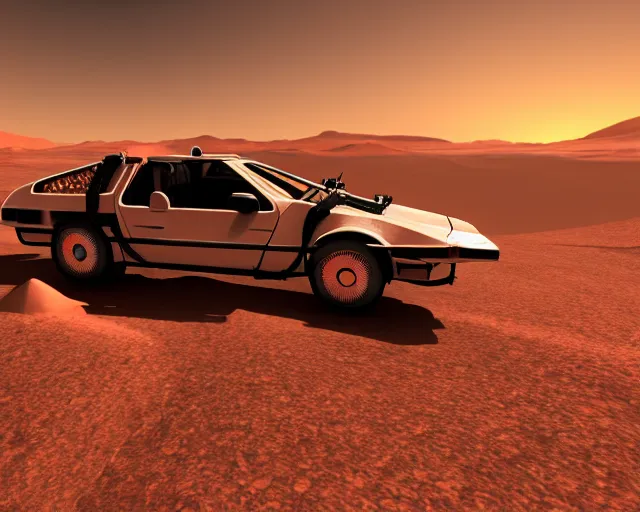 Image similar to doc brown and the delorean on mars, sunset, volumetric light