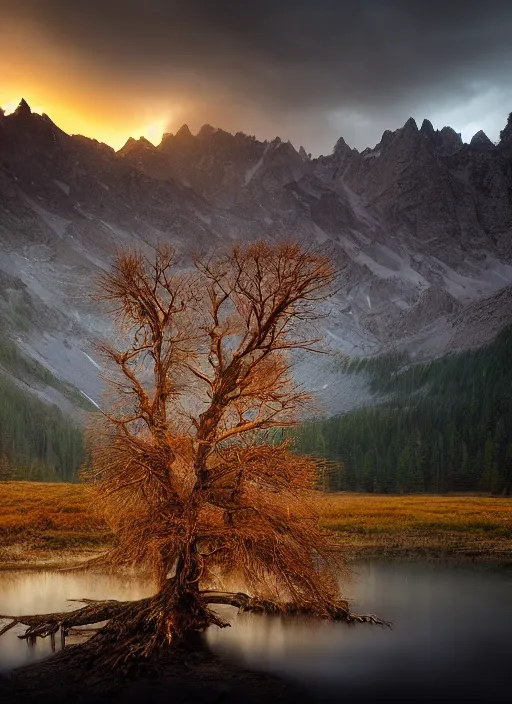 Prompt: landscape photography by marc adamus dead tree in the foreground mountains lake