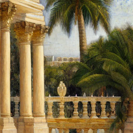 Image similar to a ultradetailed beautiful painting of the amazonas palace balustrade designed by jules bastien - lepage, tarsila do amaral, frank weston and gustave baumann, beach, trending on artstation, mediterranean, palm trees, detailed face, sharp focus, soft light, 8 k 4 k