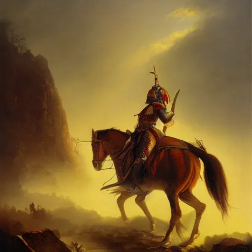 Image similar to oil painting of a warrior on a horse in front of a misty castle, fantasy, detailed, dawn