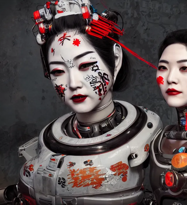 Image similar to an epic fantastic realism comic book style portrait painting of a japanese robotic geisha with kanji tattoos and decals, apex legends, octane render, intricate detail, 4 k hd, unreal engine 5