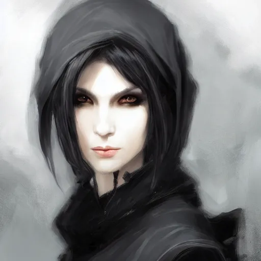 Image similar to a female shadowy elf in dark robes, black dress, wavy black bob hair bangs, dnd character art portrait, by ruan jia