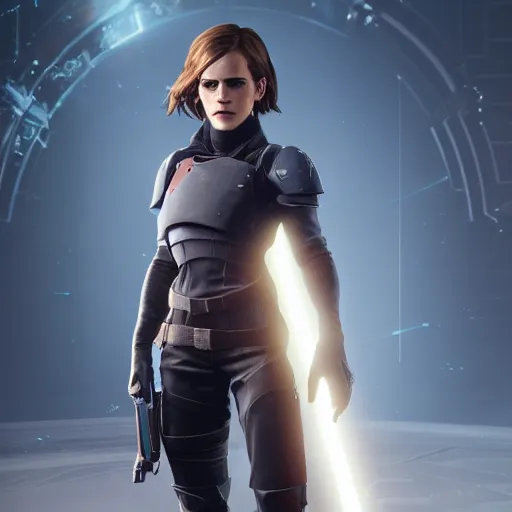 Image similar to emma watson in destiny 2, highly detailed, extremely high quality, hd, 4 k, 8 k, professional photographer, 4 0 mp, lifelike, top - rated, award winning, realistic, detailed lighting, detailed shadows, sharp, no blur, edited, corrected, trending