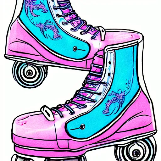 Image similar to a drawing of a pair of white retro! roller skates with dragon embroidery and cyan wheels on a pedestal!! in an empty white room, trending on artstation, carpenter brut, synthwave, pink lightning, neon!! light