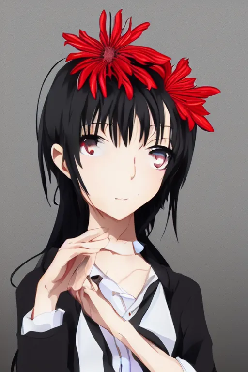 Image similar to Key anime visual of a beautiful girl with black hair and red eyes holding a spider lily; wearing white blouse with black tie; trending on Pixiv; digital art