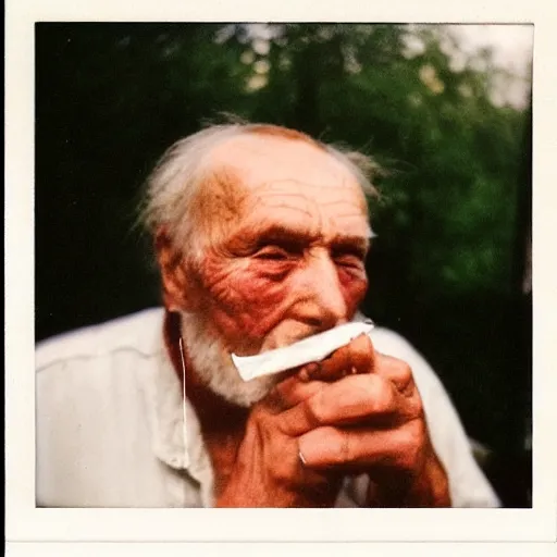 Image similar to polaroid of an old russian man holding a cigarette between 2 fingers, summer 1 9 9 6