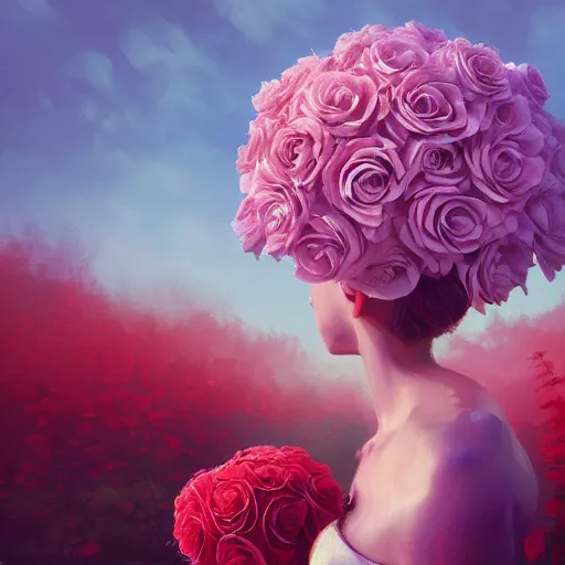 Image similar to closeup, huge rose flower head, frontal, a girl in a suit, surreal photography, sunrise, dramatic light, impressionist painting, digital painting, artstation, simon stalenhag