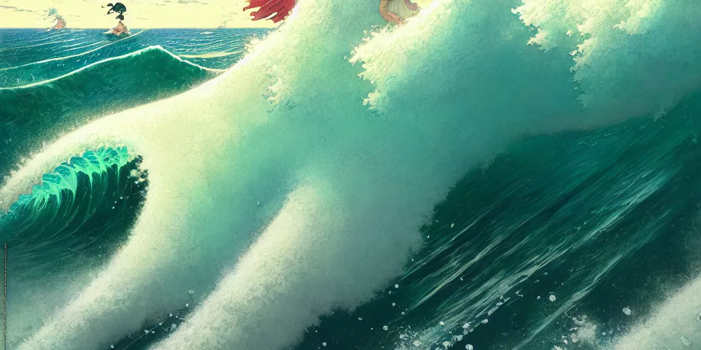 Image similar to pegusus runing through ocean wave, exquisite details, denoised, mid view, by norman rockwell, karl kopinski, artsation, greg rutkowski, makoto shinkai, takashi takeuchi, studio ghibli