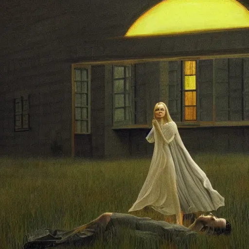 Prompt: Elle Fanning in the painted world of The Matrix, head and shoulders masterpiece, apocalypse, golden hour, cosmic horror, artstation, in the style of Andrew Wyeth and Edward Hopper and Bosch, extremely detailed