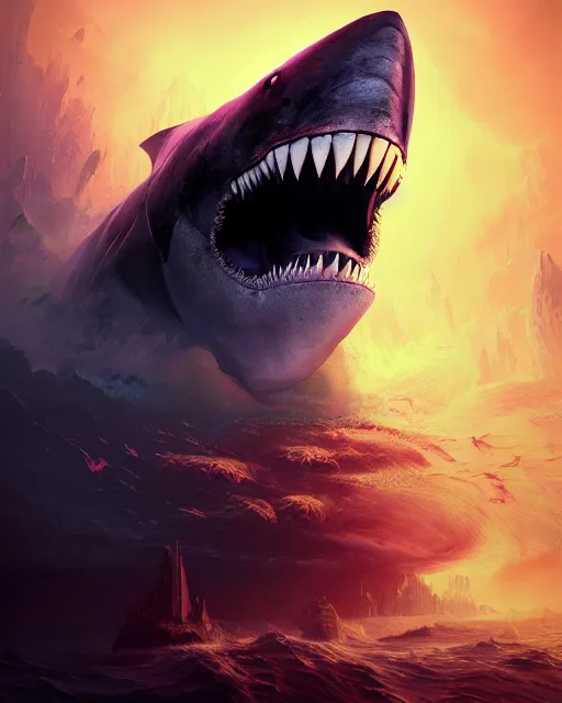 Prompt: portrait of megalodon - exterminator - royal - king, intricate abstract. intricate artwork, by tooth wu, wlop, beeple, dan mumford. concept art, octane render, trending on artstation, greg rutkowski very coherent symmetrical artwork. cinematic, key art, hyper realism, high detail, octane render, 8 k, iridescent accents