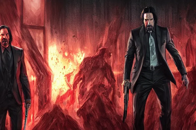 Prompt: keanu reeves as john wick, doom eternal concept art, killing demons, cinematic