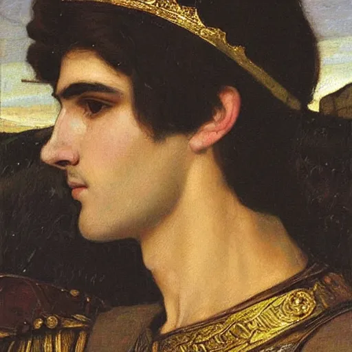 Image similar to painting of handsome beautiful medieval prince in his 2 0 s named shadow wearing a golden crown, elegant, soft facial features, clear, sharp focus, painting, stylized, art, art by john william waterhouse