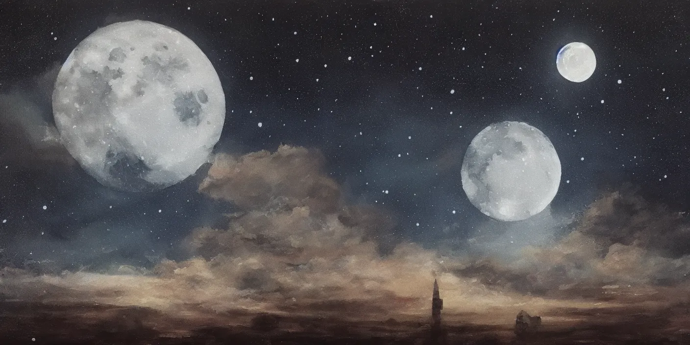 Prompt: the moon, full and large in the night sky, cinematic lighting, detailed oil painting, hyperrealistic, 8k