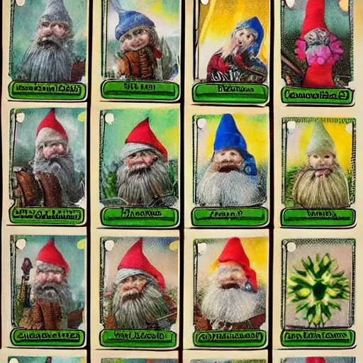 Image similar to garden gnome trading cards. magical attributes, spells, strengths and weakness, points, intricate borders, trading card style