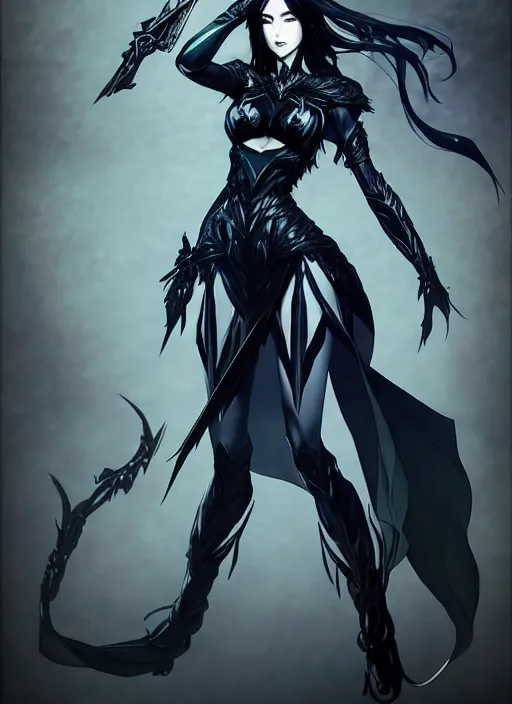 Image similar to Full body portrait of a beautiful elven queen with menacing look with long black hair wearing black and dark blue attire, silver crown. In style of Yoji Shinkawa and Hyung-tae Kim, trending on ArtStation, dark fantasy, great composition, concept art, highly detailed, dynamic pose.