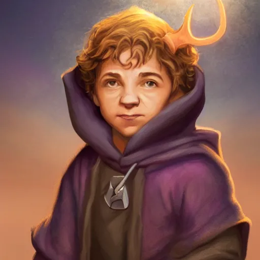 Image similar to Profile picture of a young halfling wizard. Medium length brown hair, hooded purple cloak. Glowing blue wand. Organic Painting, Matte Painting, meaningful