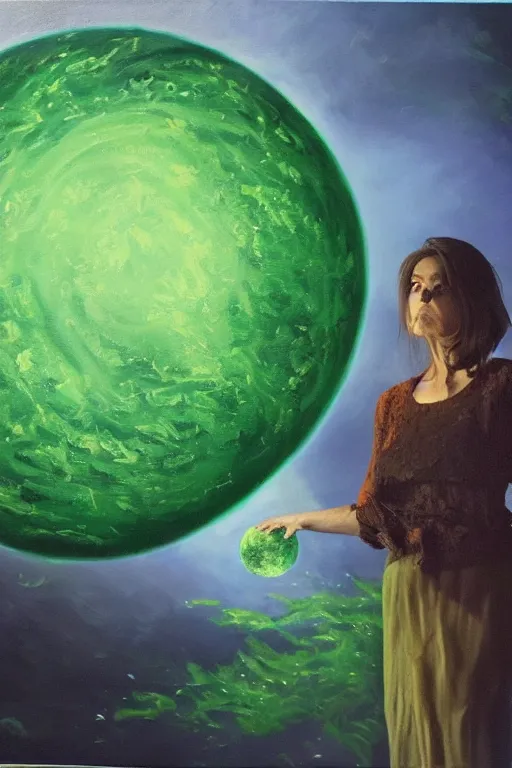 Prompt: a very oil painting of A Green Witch and her home planet, highly detailed, hyper realistic, volumetric lighting