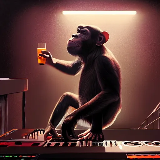 Image similar to a chimp dj in nightclub, people dancing in background, anatomy, bathed in light, highly detailed, photorealistic, artstation, smooth, sharp focus, illustration, unreal engine 5, 8 k, art by artgerm and greg rutkowski and edgar maxence