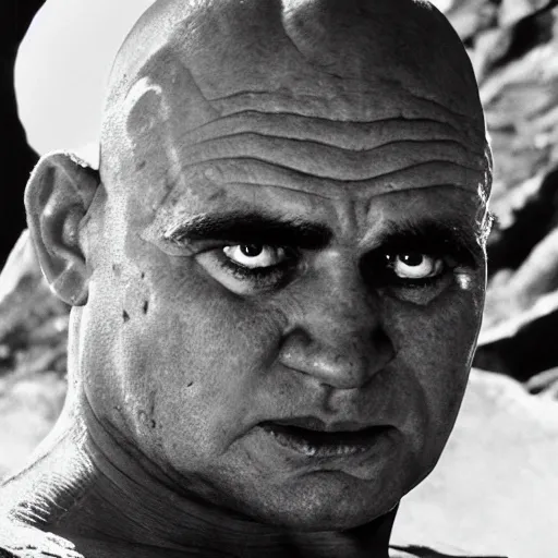 Prompt: black and white image of shrek as colonel kurtz, in apocalypse now