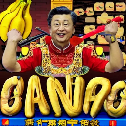 Image similar to Chinese president with bananas weapon, dragon, mountains background, fighting stance