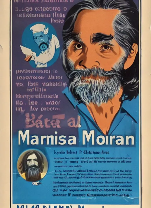 Image similar to vintage pharmaceutical advertisement depicting charles manson as a member of the blue man group