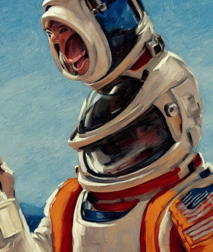 Image similar to a close up portrait painting of a man in an astronaut suit, screaming and sad, highly detailed, close up, aesthetic stars in the background, in the style of edward hopper, fine brush strokes, 4 k,